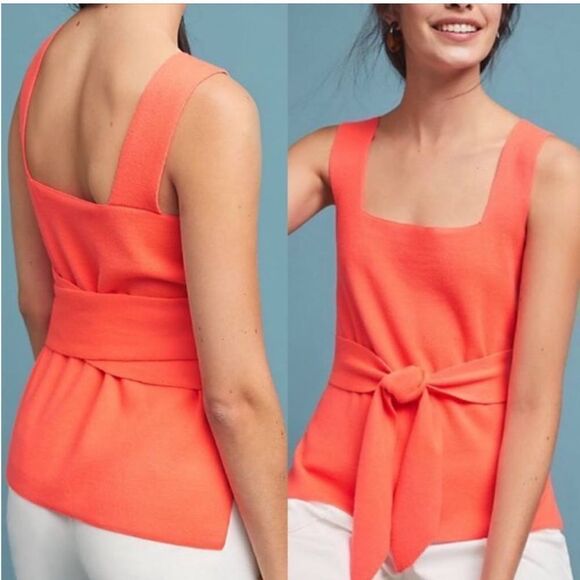 Anthropologie Harlow Neon Orange Coral Sweater Knit Tank with Belted Tie sz S - Picture 1 of 8